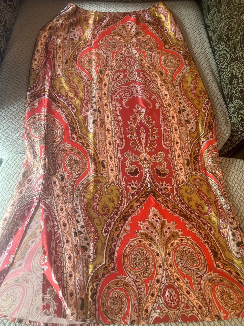 Worn 1x 100% silk Paisley Print Maxi Skirt in autumn colors.